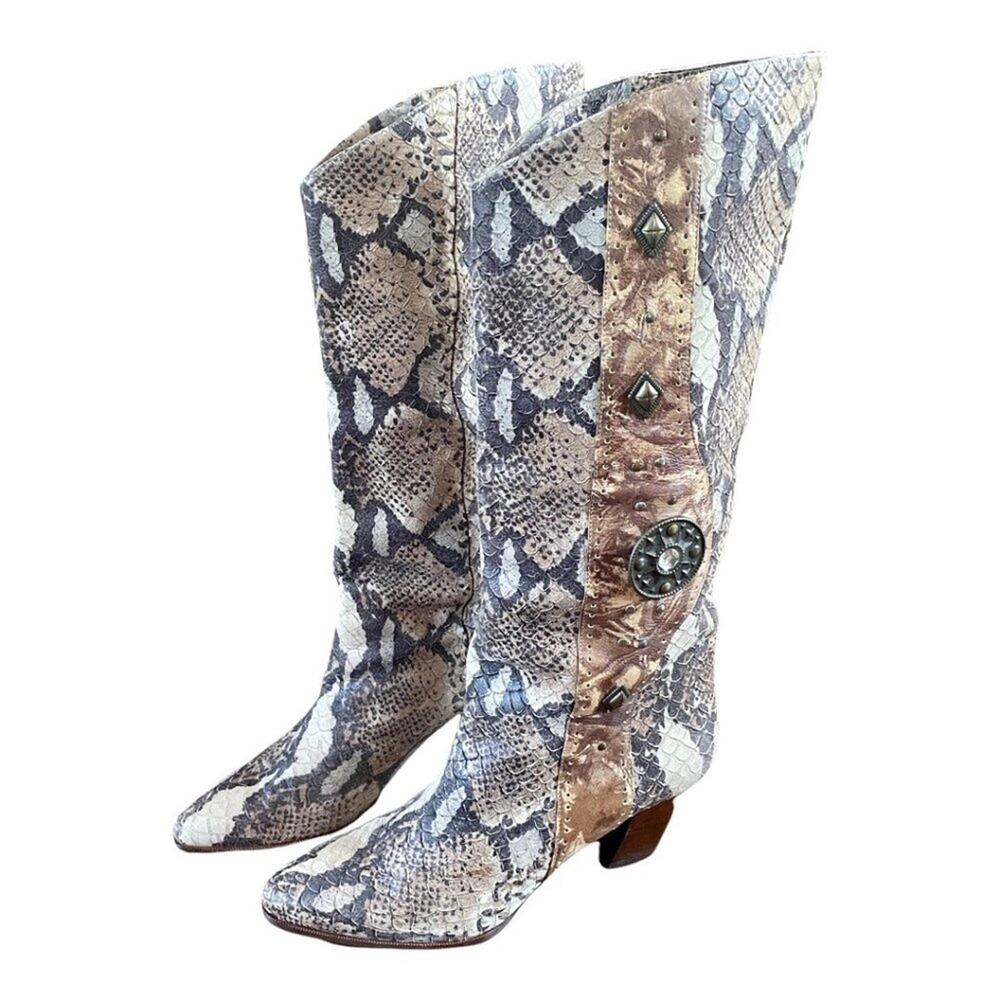 Peter Fox Boots Python Embossed Slouchy Western Style with Conchos - Size 9